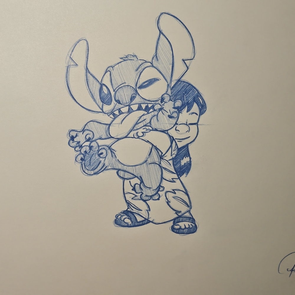 Disney Lilo and Stitch hugging drawing/sketch animation art signed Handmade
